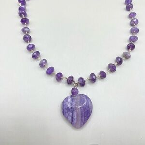 Vintage Sterling Silver Fluorite Purple Heart Pendant Necklace